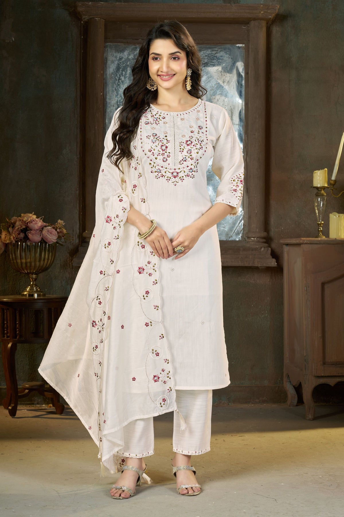 Stylish White Marina Silk Embroidery Hand Work Kurta Pant Set for Women