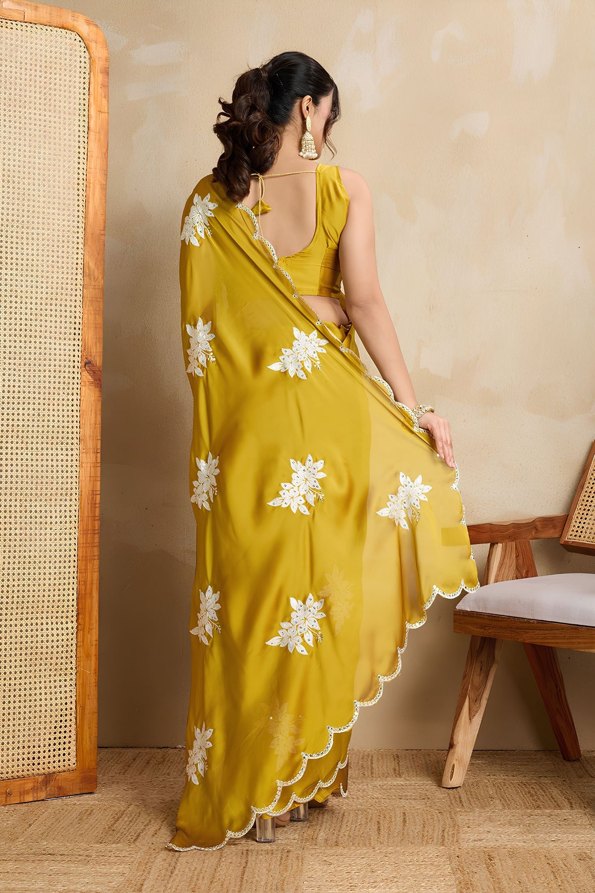 Premium Mustard Yellow Rangoli Silk Embroidery Sequin Work Saree for Women