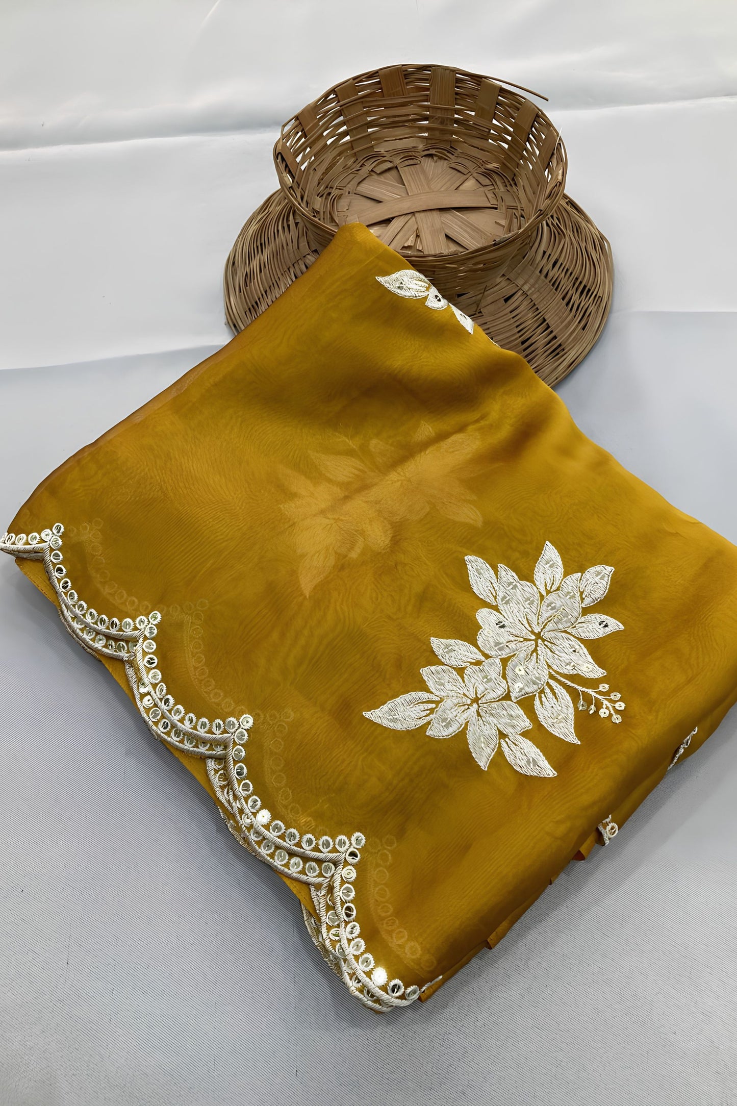 Premium Mustard Yellow Rangoli Silk Embroidery Sequin Work Saree for Women