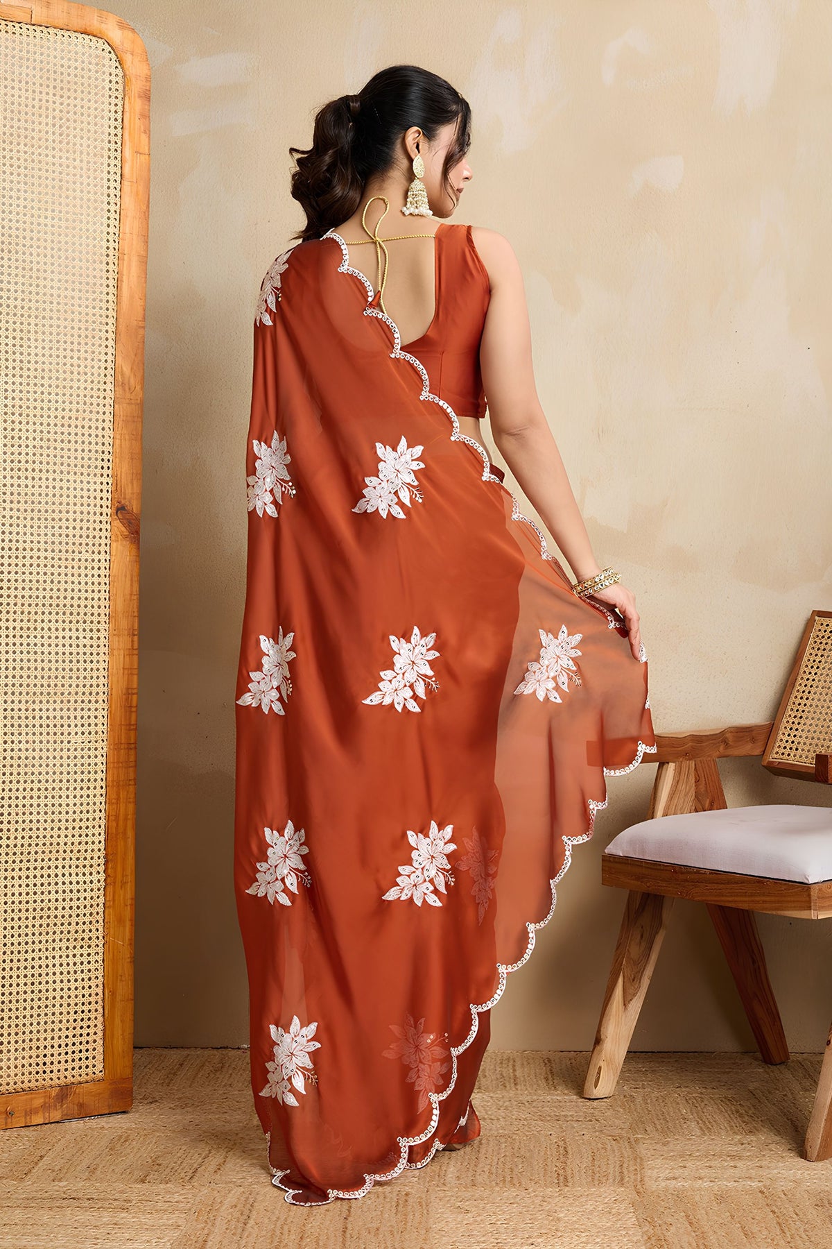 Elegant Rust Orange Rangoli Silk Embroidery Work Saree for Women