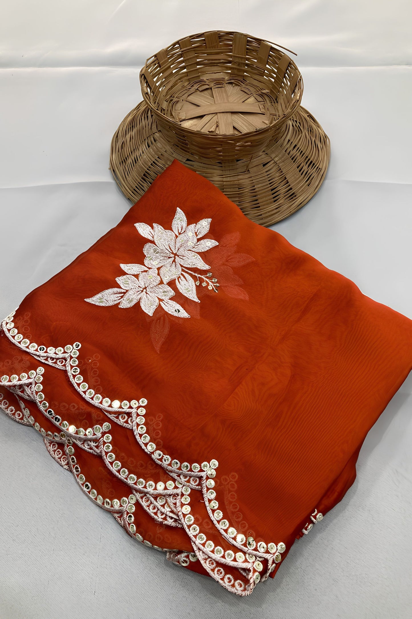 Elegant Rust Orange Rangoli Silk Embroidery Work Saree for Women