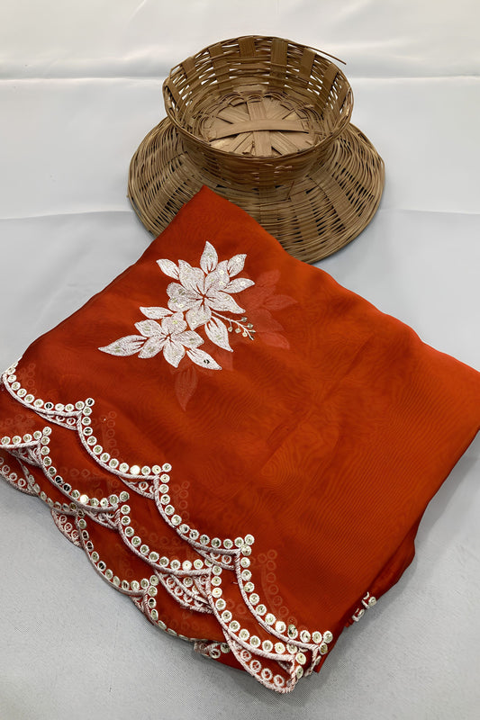 Elegant Rust Orange Rangoli Silk Embroidery Work Saree for Women