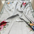 Stylish White Satin Silk Digital Print Embroidery Work Lace Border Saree for Women
