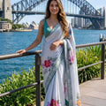 Stylish White Satin Silk Digital Print Embroidery Work Lace Border Saree for Women