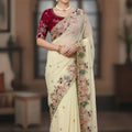 Stylish Cream Georgette Embroidery Work Saree for Women