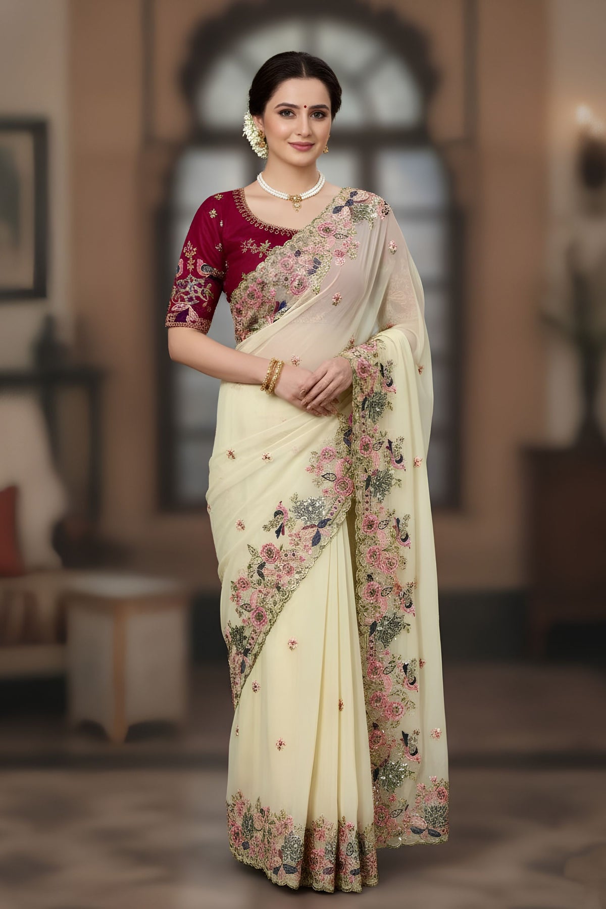 Stylish Cream Georgette Embroidery Work Saree for Women