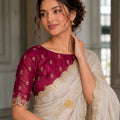 Elegant White Fendy Satin Silk Saree Embroider Cutwork Border for Women