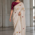 Elegant White Fendy Satin Silk Saree Embroider Cutwork Border for Women