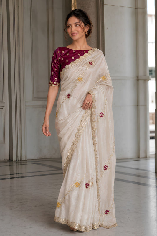 Elegant White Fendy Satin Silk Saree Embroider Cutwork Border for Women