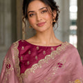 Beautiful Pink Fendy Satin Silk Saree Embroidery Cutwork Border for Women