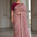 Beautiful Pink Fendy Satin Silk Saree Embroidery Cutwork Border for Women