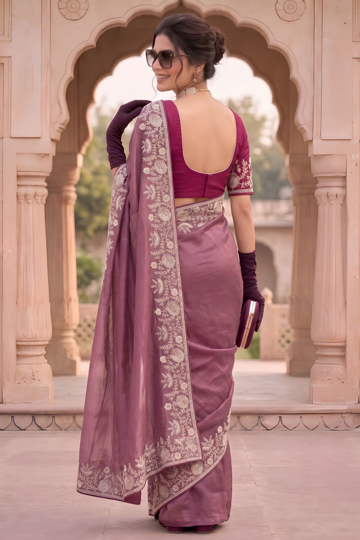 Elegant Mauve Pure Gabana Silk Saree with Embroidery Cutwork for Women
