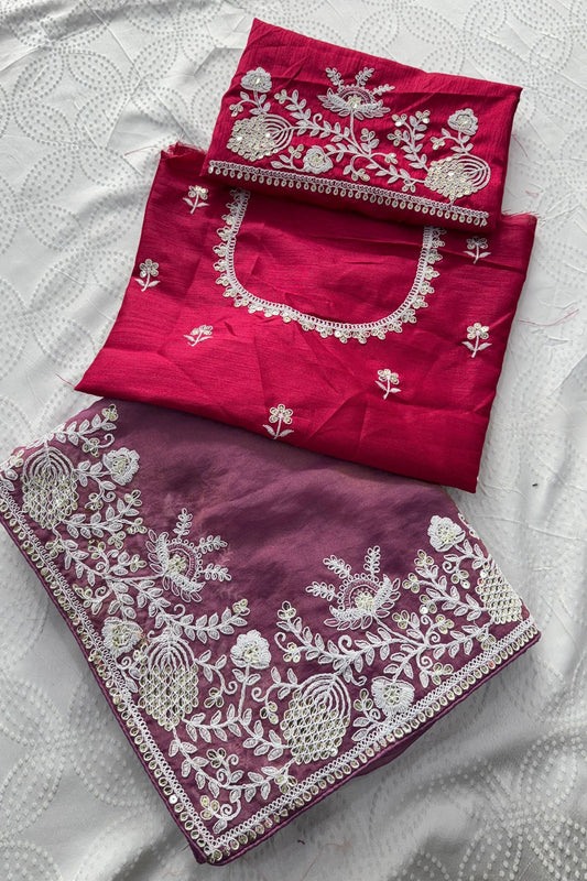 Elegant Mauve Pure Gabana Silk Saree with Embroidery Cutwork for Women