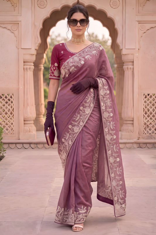 Elegant Mauve Pure Gabana Silk Saree with Embroidery Cutwork for Women