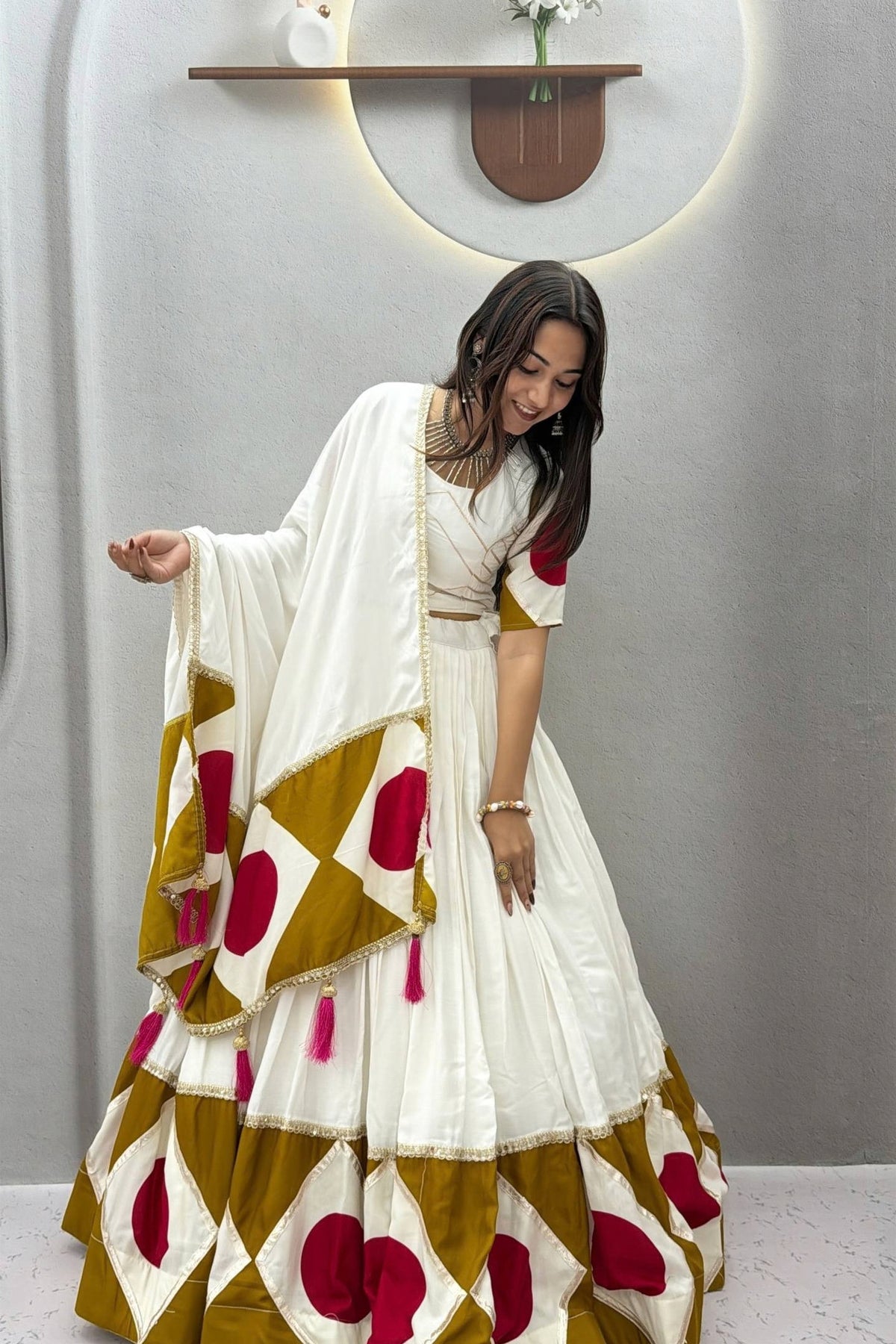 Elegant White Multicolor Cotton Gota Patti Work Designer Lehenga Choli with Dupatta for Women