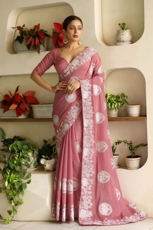 Beautiful Pink Soft Star Georgette Saree Embroidery Work for Women