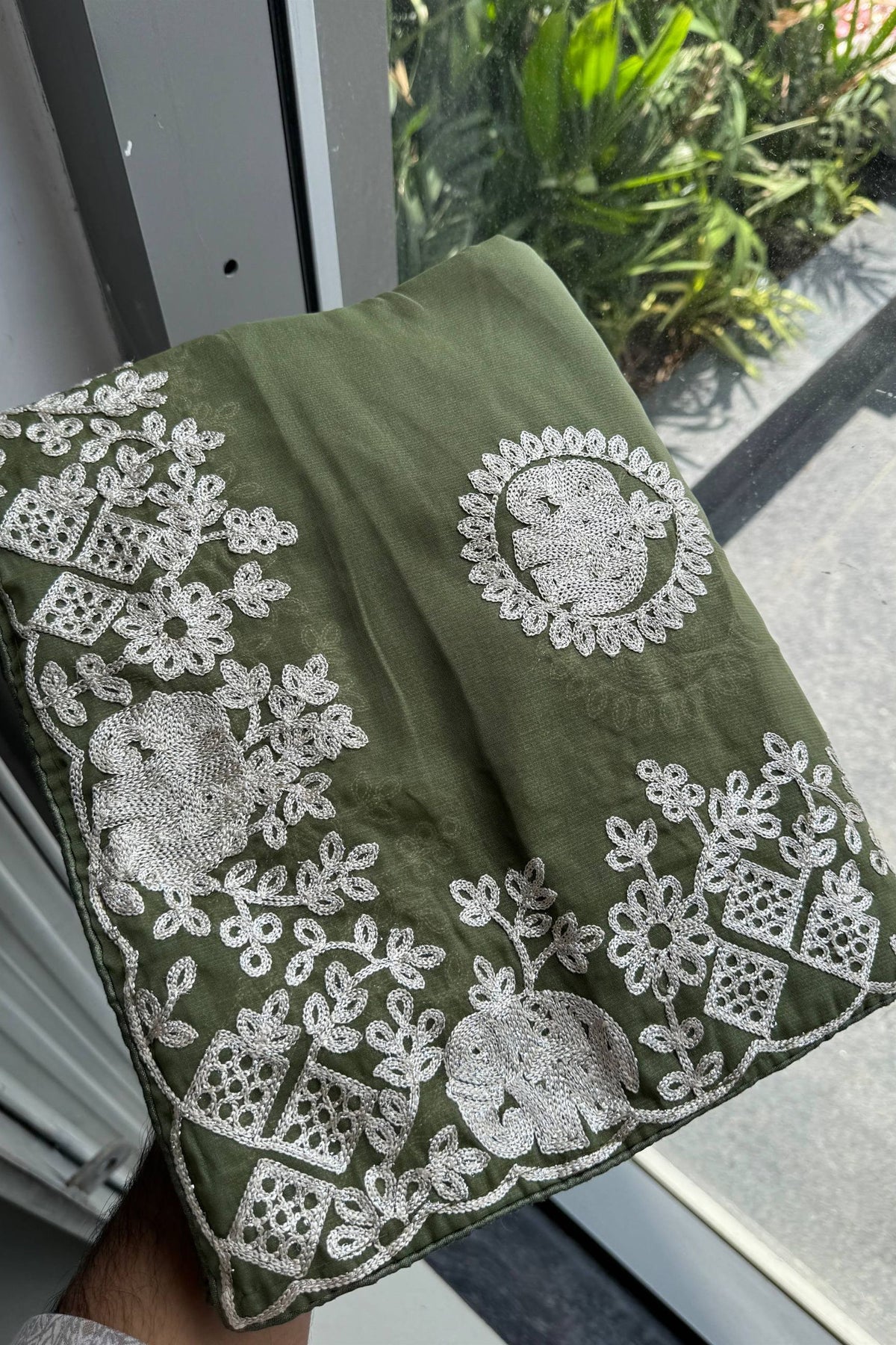 Graceful Olive Green Soft Star Georgette Saree Embroidery Work for Women