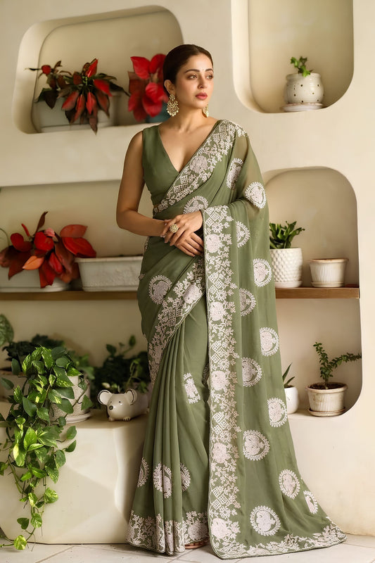 Graceful Olive Green Soft Star Georgette Saree Embroidery Work for Women