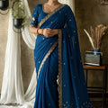 Royal Navy Blue Rangoli Silk Saree Embroidery Cutwork for Women