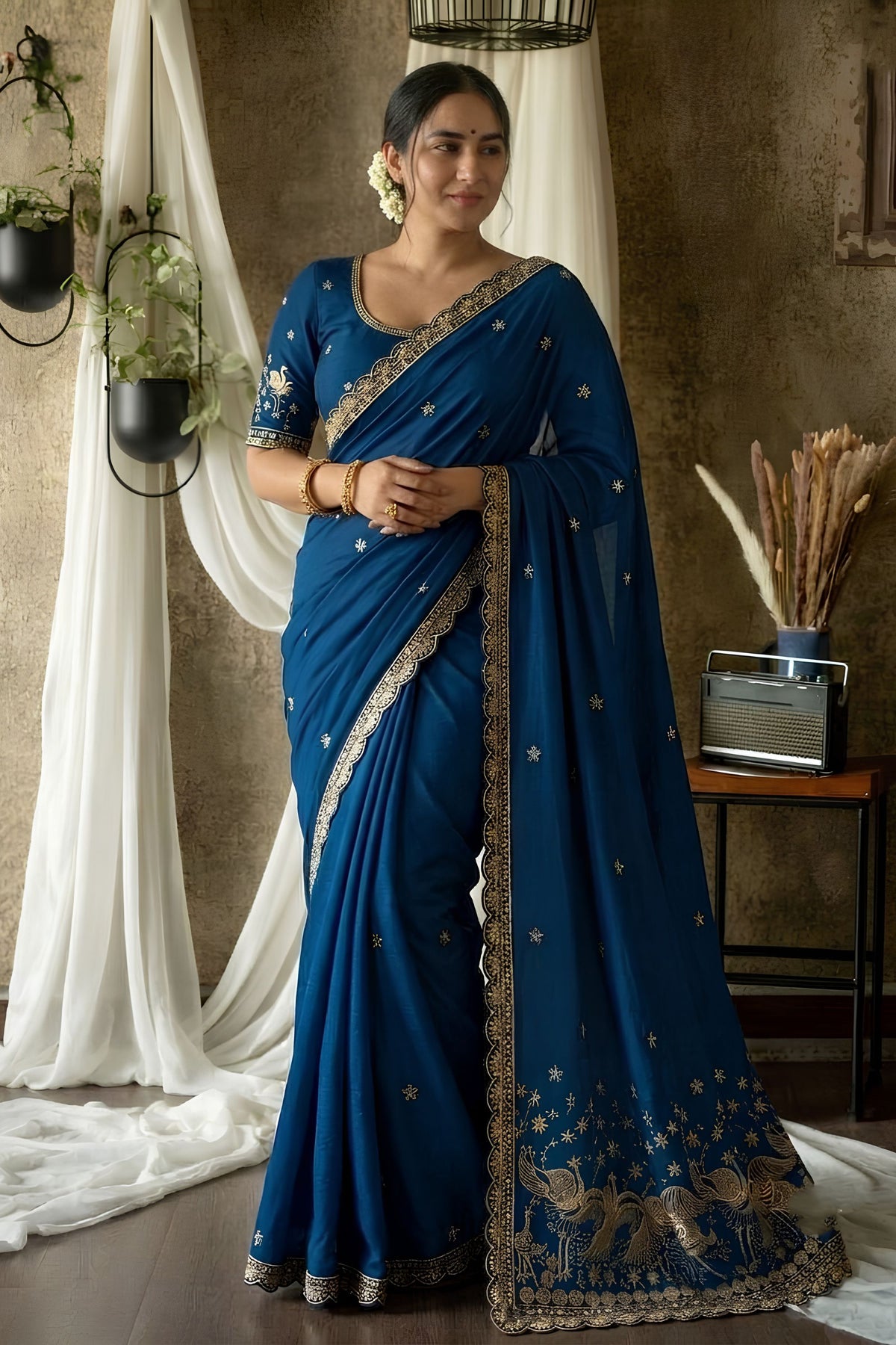 Royal Navy Blue Rangoli Silk Saree Embroidery Cutwork for Women
