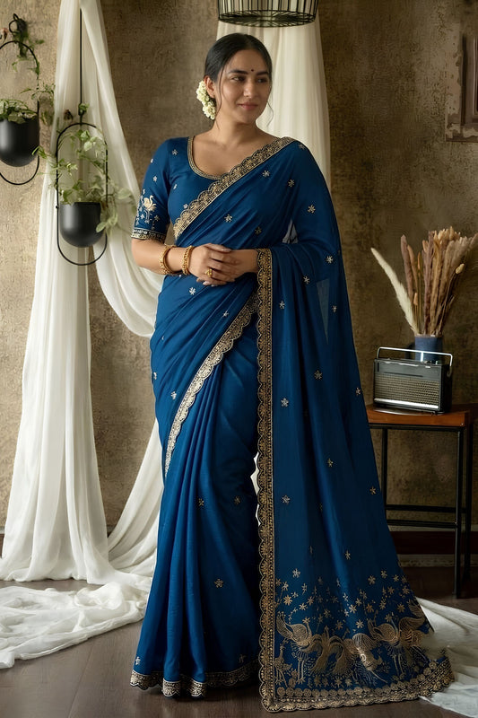 Royal Navy Blue Rangoli Silk Saree Embroidery Cutwork for Women