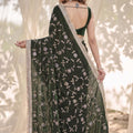 Elegant Dark Green Silk Satin Embroidery Work Saree for Women