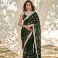 Elegant Dark Green Silk Satin Embroidery Work Saree for Women