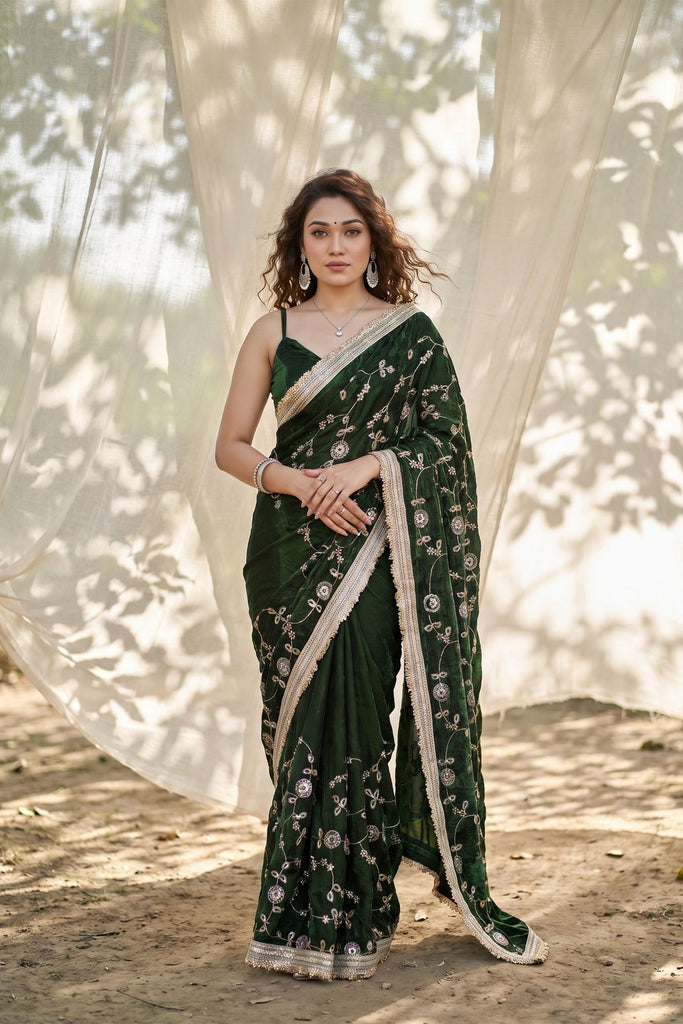 Elegant Dark Green Silk Satin Embroidery Work Saree for Women