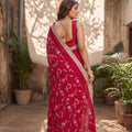 Beautiful Rani Pink Silk Satin Embroidery Work Saree for Women