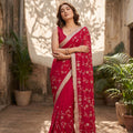 Beautiful Rani Pink Silk Satin Embroidery Work Saree for Women