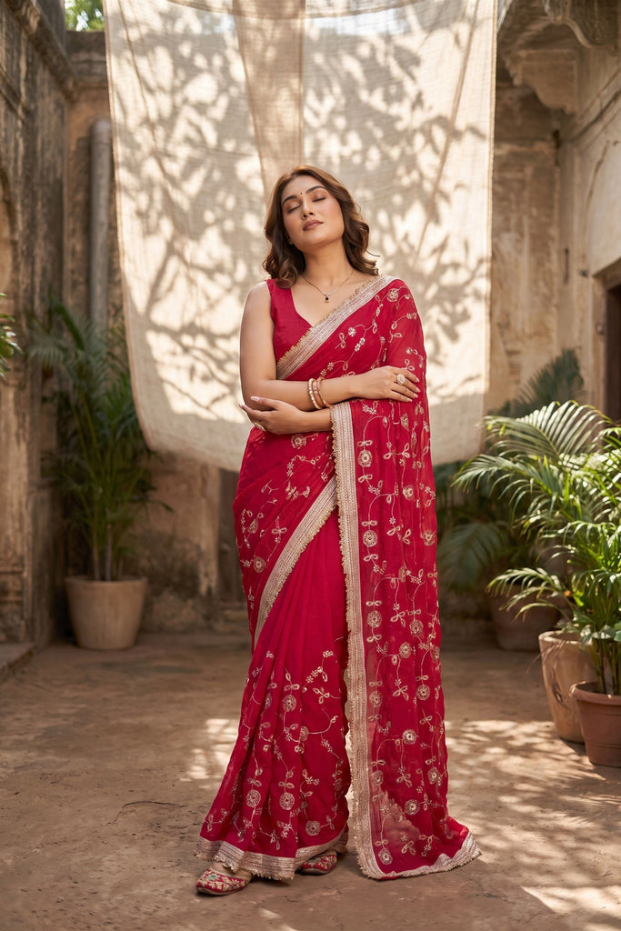 Beautiful Rani Pink Silk Satin Embroidery Work Saree for Women