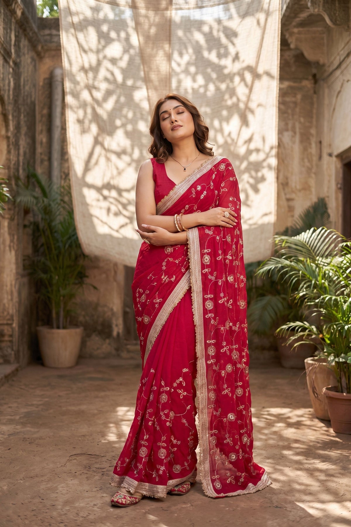 Beautiful Rani Pink Silk Satin Embroidery Work Saree for Women