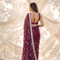 Stylish Wine Silk Satin Embroidery Work Saree for Women