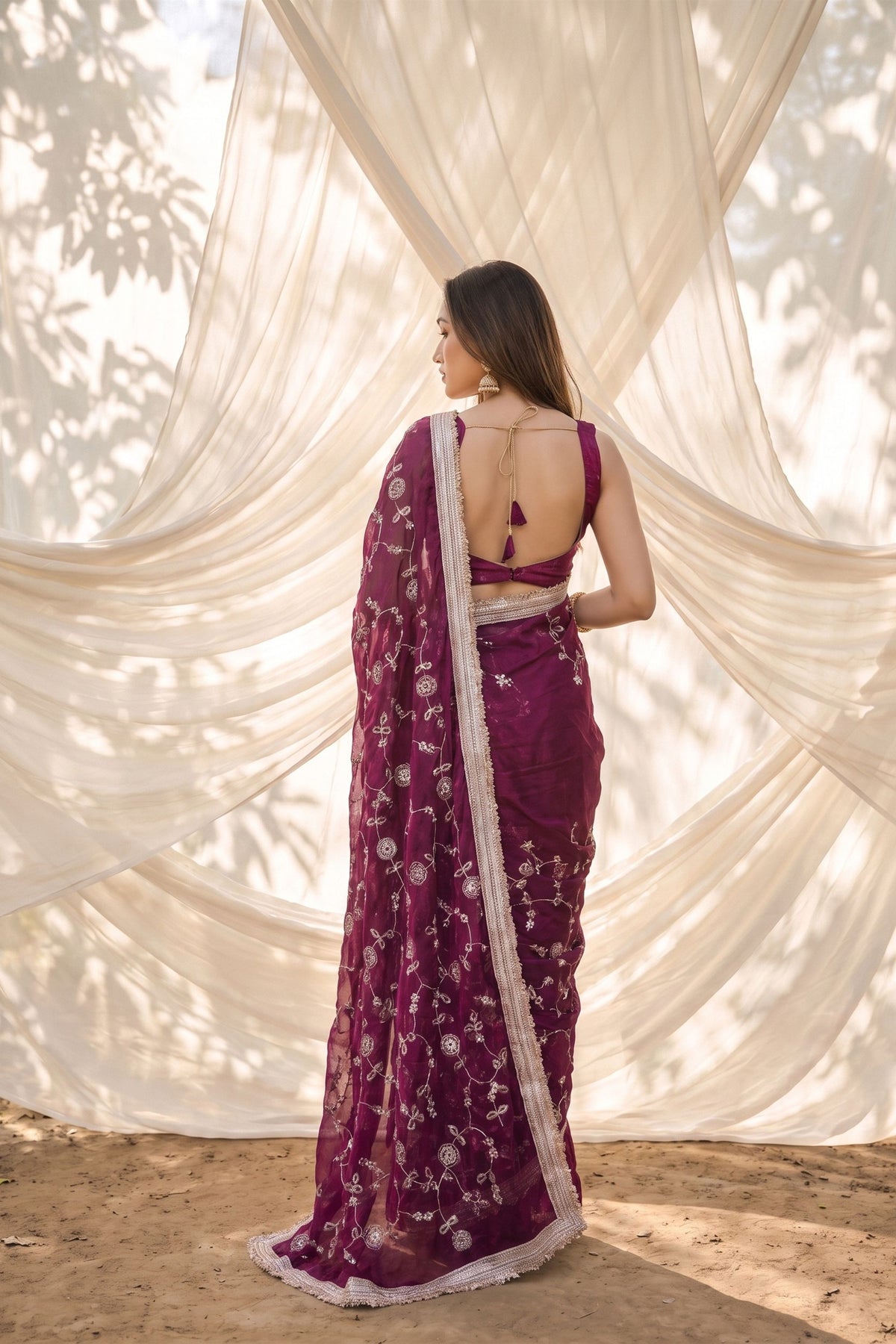 Stylish Wine Silk Satin Embroidery Work Saree for Women