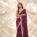 Stylish Wine Silk Satin Embroidery Work Saree for Women