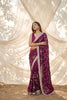 Stylish Wine Silk Satin Embroidery Work Saree for Women
