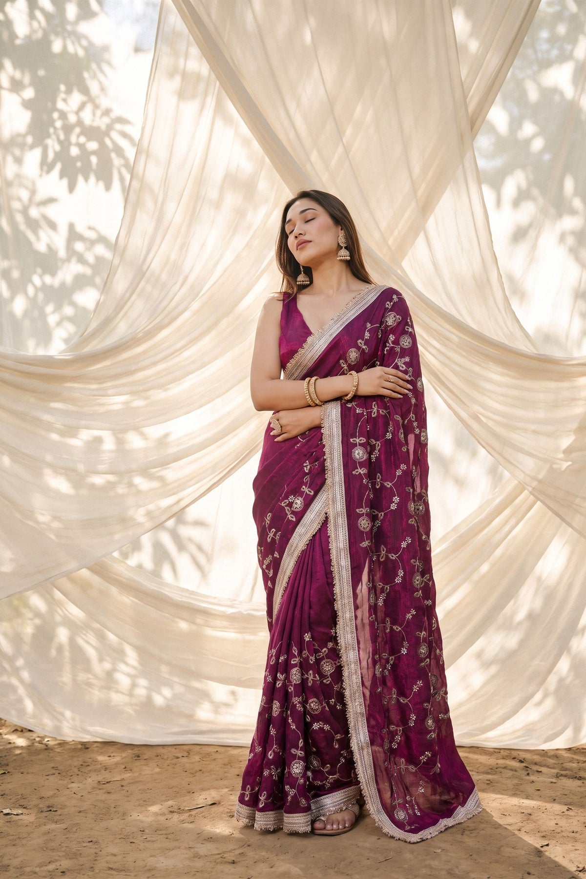 Stylish Wine Silk Satin Embroidery Work Saree for Women