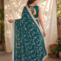 Royal Teal Blue Silk Satin Embroidery Work Saree for Women