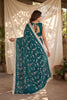Royal Teal Blue Silk Satin Embroidery Work Saree for Women
