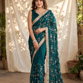 Royal Teal Blue Silk Satin Embroidery Work Saree for Women