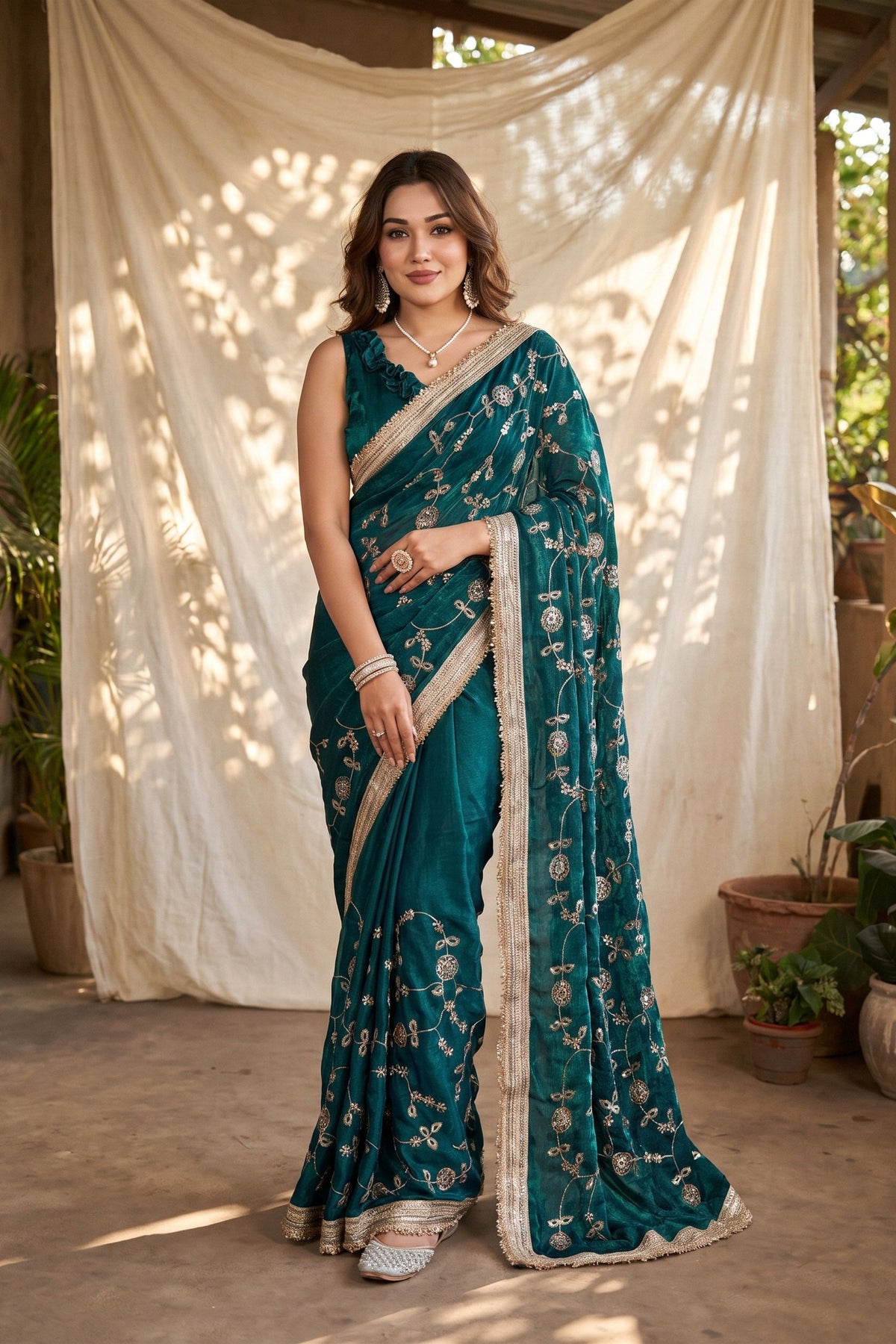 Royal Teal Blue Silk Satin Embroidery Work Saree for Women