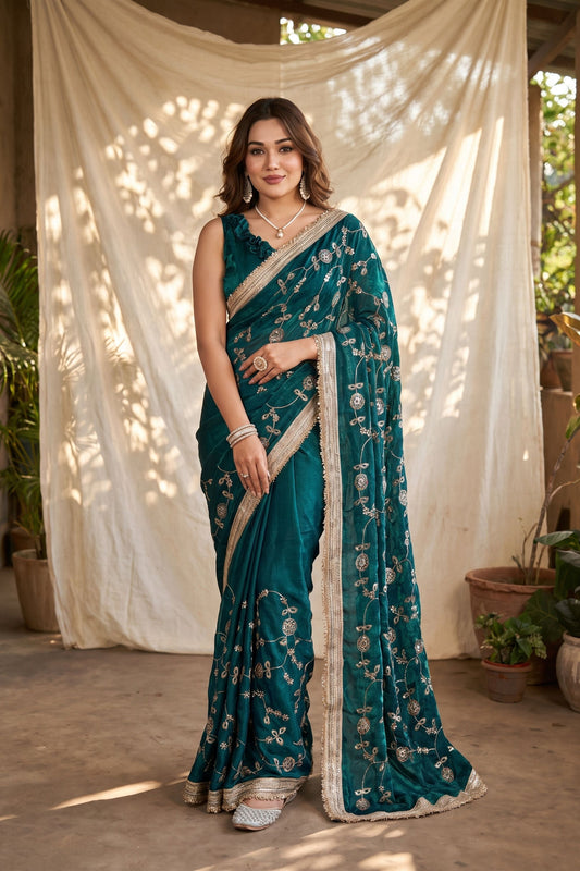 Royal Teal Blue Silk Satin Embroidery Work Saree for Women