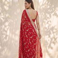 Premium Red Silk Satin Embroidery Work Saree for Women