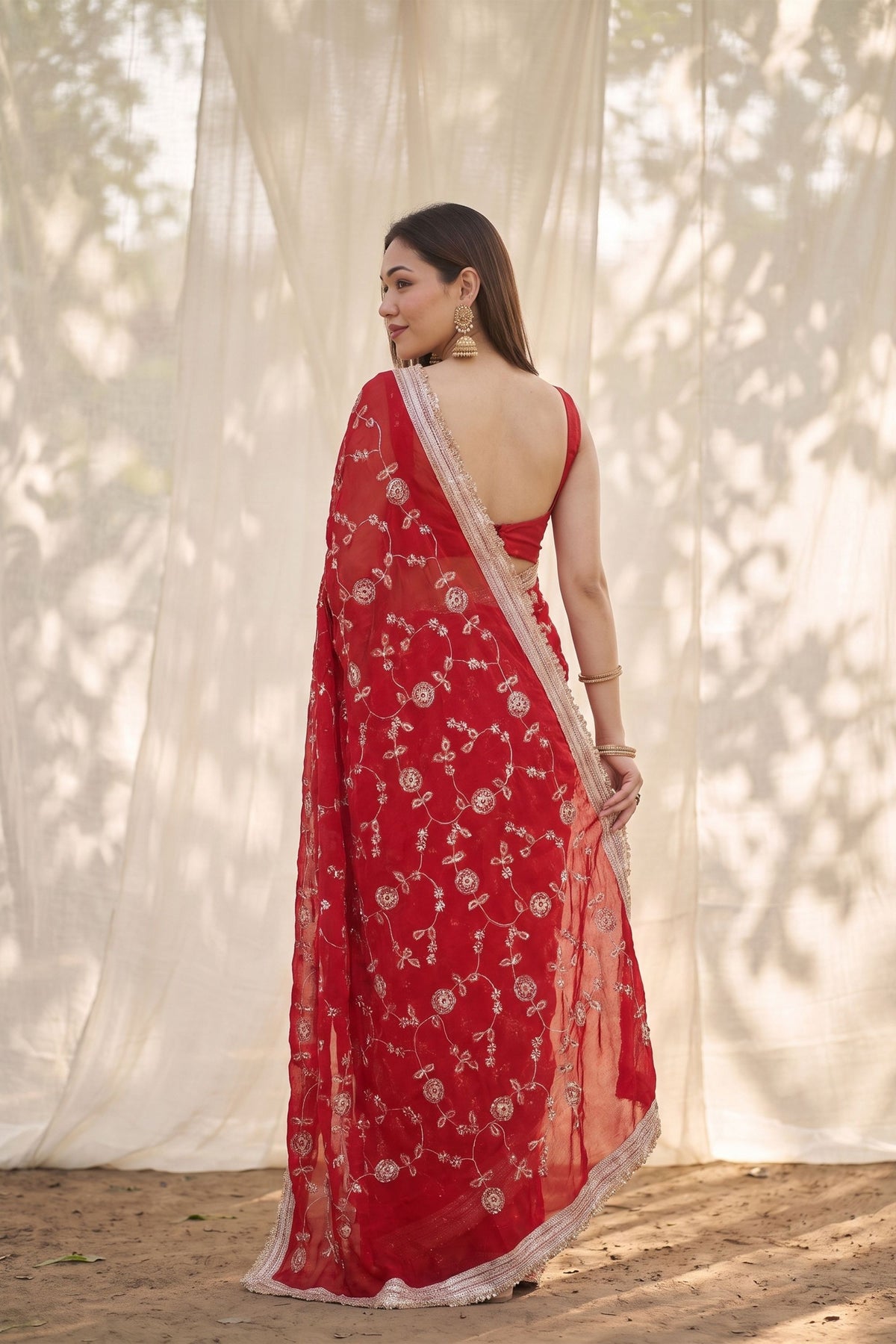 Premium Red Silk Satin Embroidery Work Saree for Women