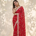 Premium Red Silk Satin Embroidery Work Saree for Women
