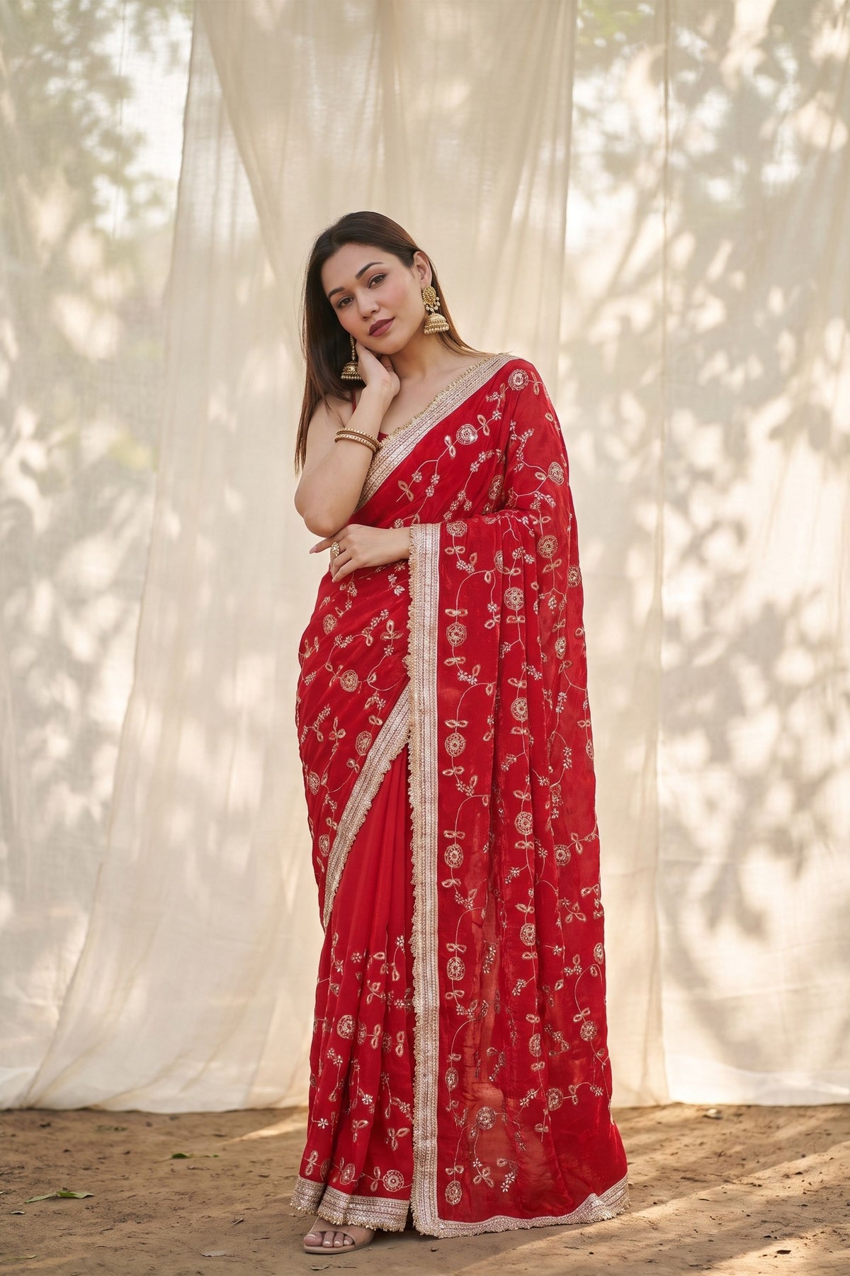 Premium Red Silk Satin Embroidery Work Saree for Women