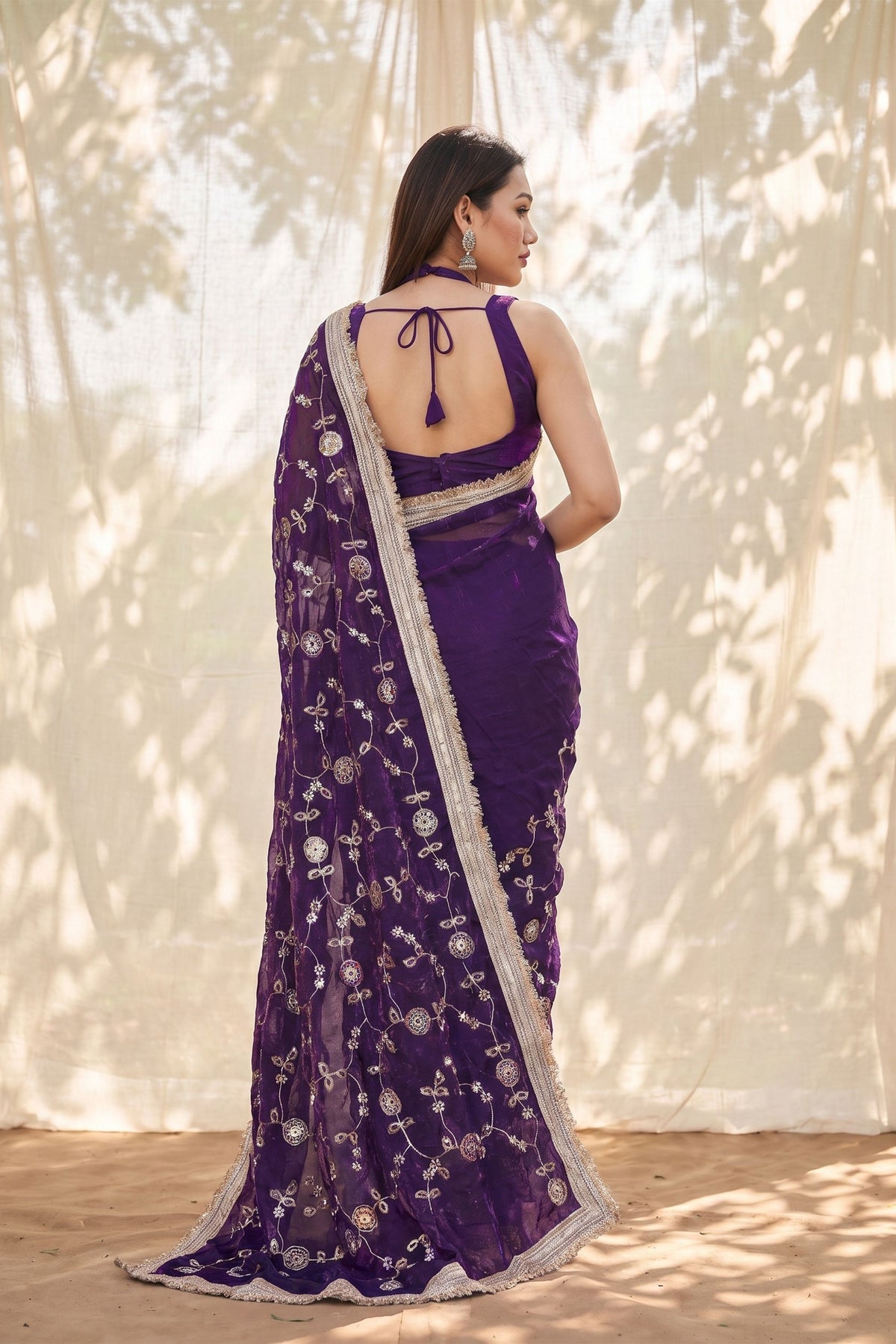 Adorable Purple Silk Satin Embroidery Work Saree for Women