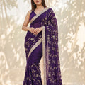 Adorable Purple Silk Satin Embroidery Work Saree for Women