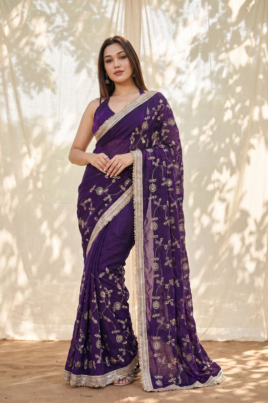 Adorable Purple Silk Satin Embroidery Work Saree for Women