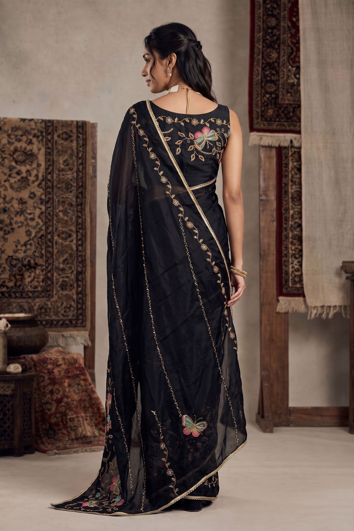 Elegant Black Georgette Embroidery Work Saree for Women